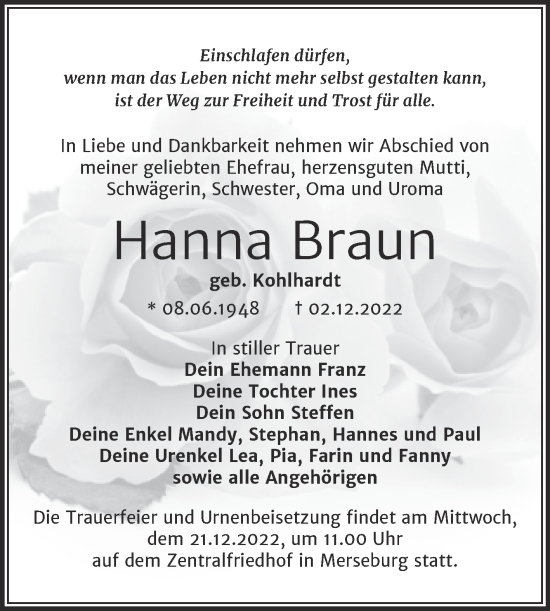 Traueranzeige von Hanna Braun von Trauerkombi Merseburg