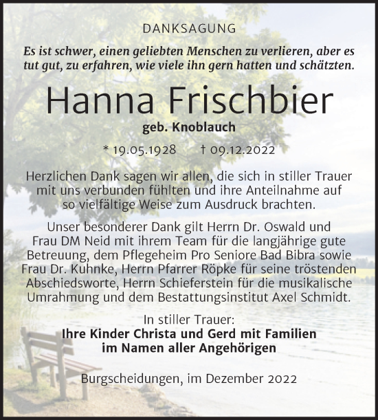 Traueranzeige von Hanna Frischbier von Wochenspiegel Naumburg/Nebra