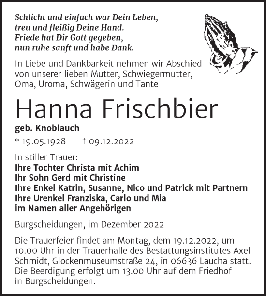 Traueranzeige von Hanna Frischbier von Naumburger Tageblatt