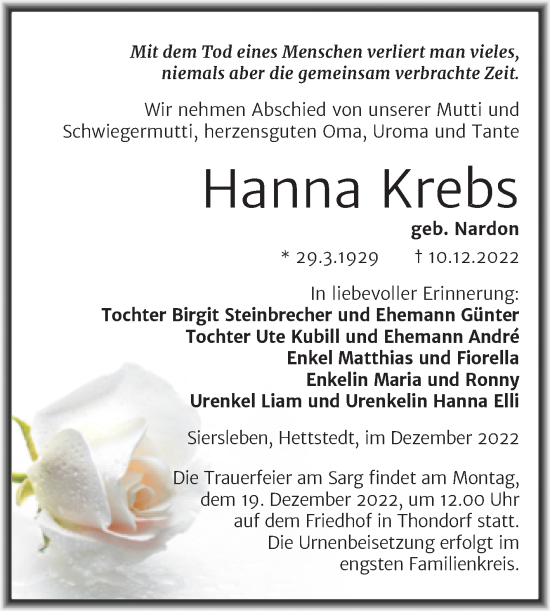 Traueranzeige von Hanna Krebs von Trauerkombi Mansfelder Land
