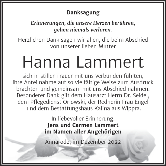Traueranzeige von Hanna Lammert von Trauerkombi Mansfelder Land