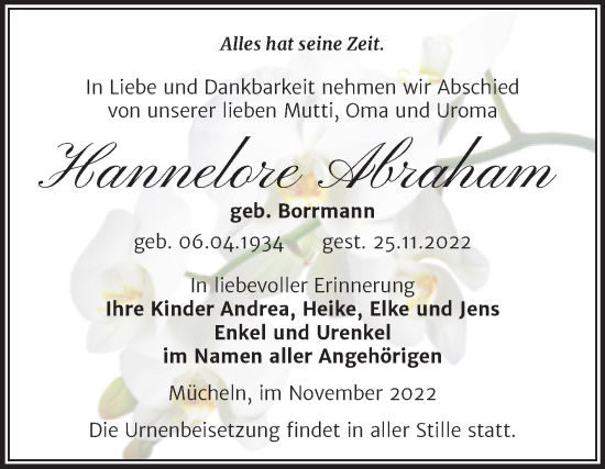 Traueranzeige von Hannelore Abraham von Trauerkombi Merseburg