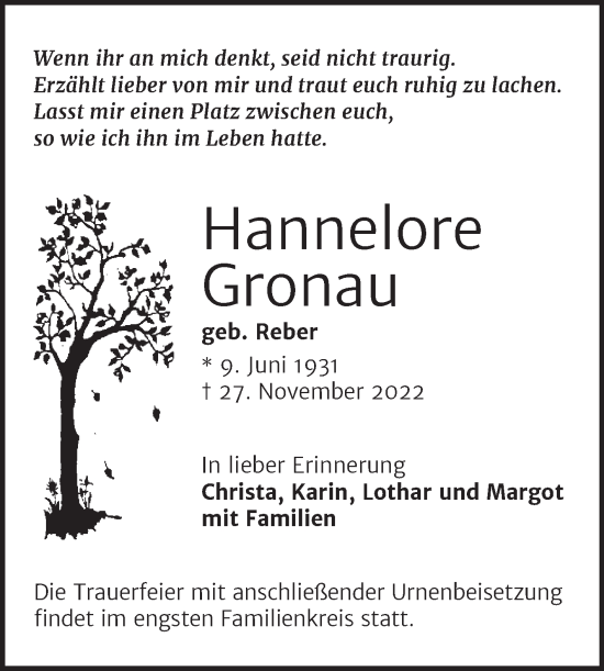 Traueranzeige von Hannelore Gronau von Mitteldeutsche Zeitung Halle/Saalkreis
