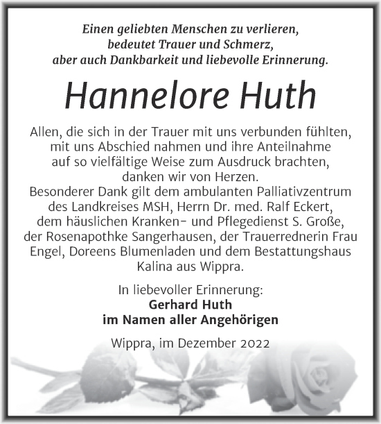 Traueranzeige von Hannelore Huth von Mitteldeutsche Zeitung Mansfelder Land