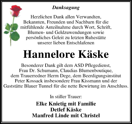 Traueranzeige von Hannelore Käske von Trauerkombi Wittenberg