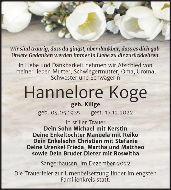 Traueranzeige von Hannelore Koge von Trauerkombi Sangerhausen