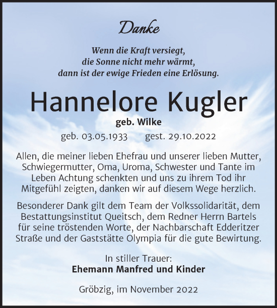 Traueranzeige von Hannelore Kugler von Trauerkombi Köthen