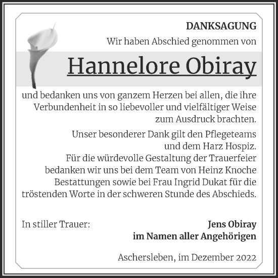 Traueranzeige von Hannelore Obiray von Trauerkombi Aschersleben