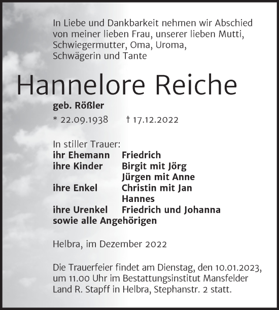 Traueranzeige von Hannelore Reiche von Mitteldeutsche Zeitung Mansfelder Land