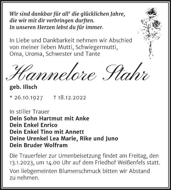 Traueranzeige von Hannelore Stahr von Trauerkombi Weißenfels