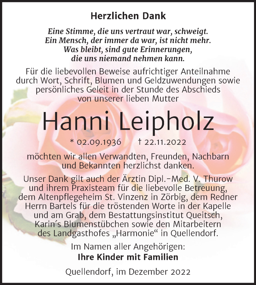  Traueranzeige für Hanni Leipholz vom 17.12.2022 aus Trauerkombi Köthen