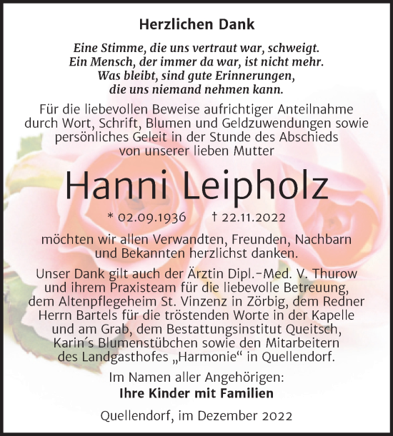 Traueranzeige von Hanni Leipholz von Trauerkombi Köthen