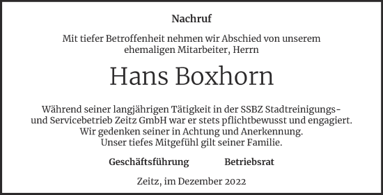Traueranzeige von Hans Boxhorn von Super Sonntag Zeitz