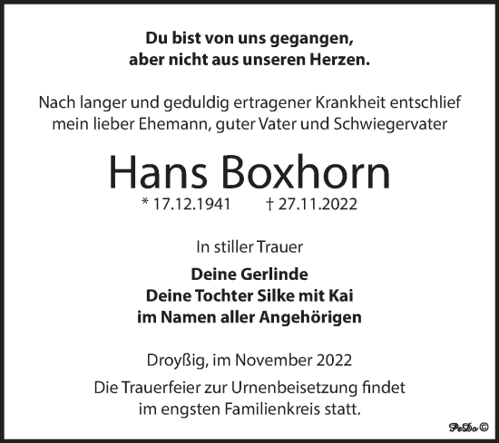Traueranzeige von Hans Boxhorn von Trauerkombi Zeitz