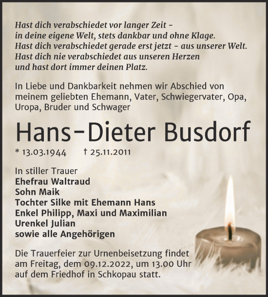 Traueranzeige von Hans-Dieter Busdorf von Trauerkombi Merseburg