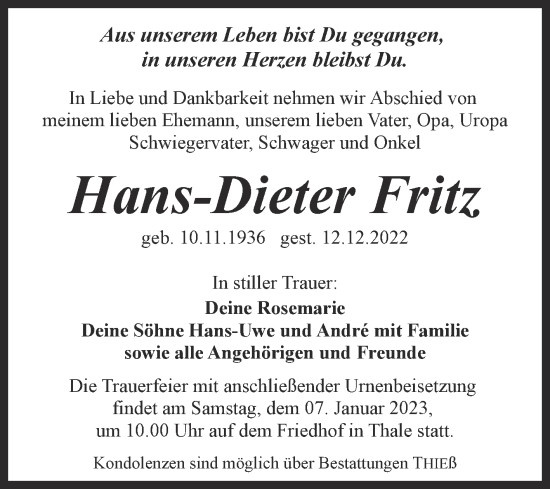 Traueranzeige von Hans-Dieter Fritz von Trauerkombi Quedlinburg