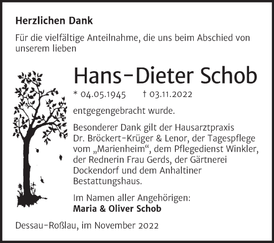 Traueranzeige von Hans-Dieter Schob von Trauerkombi Dessau