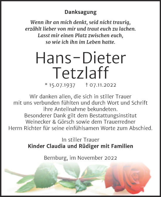 Traueranzeige von Hans-Dieter Tetzl von Trauerkombi Bernburg