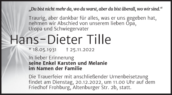 Traueranzeige von Hans-Dieter Tille von Trauerkombi Merseburg