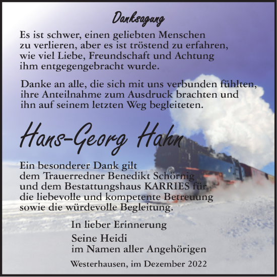 Traueranzeige von Hans-Georg Hahn von Trauerkombi Quedlinburg