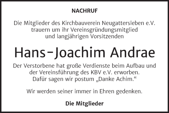 Traueranzeige von Hans-Joachim Andrae von Super Sonntag Bernburg