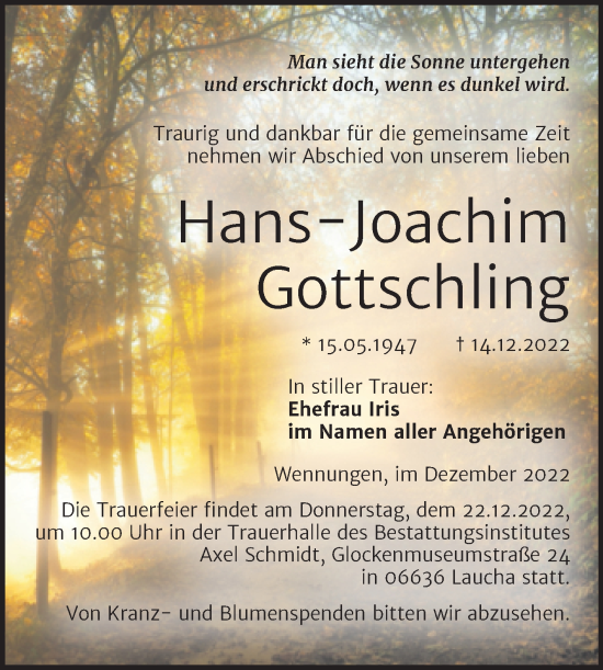 Traueranzeige von Hans-Joachim Gottschling von Naumburger Tageblatt