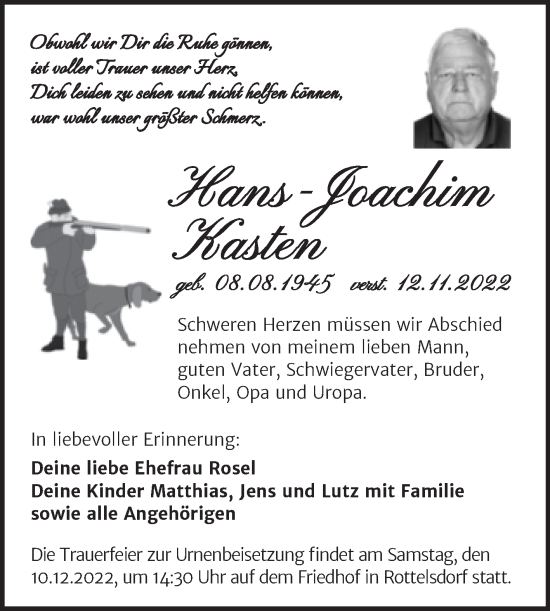 Traueranzeige von Hans-Joachim Kasten von Trauerkombi Mansfelder Land