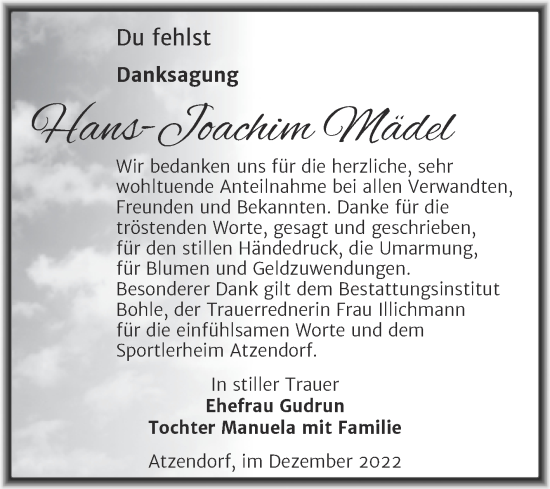 Traueranzeige von Hans-Joachim Mädel von Trauerkombi Merseburg