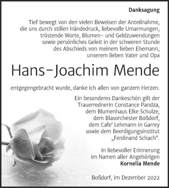 Traueranzeige von Hans-Joachim Mende von Trauerkombi Wittenberg