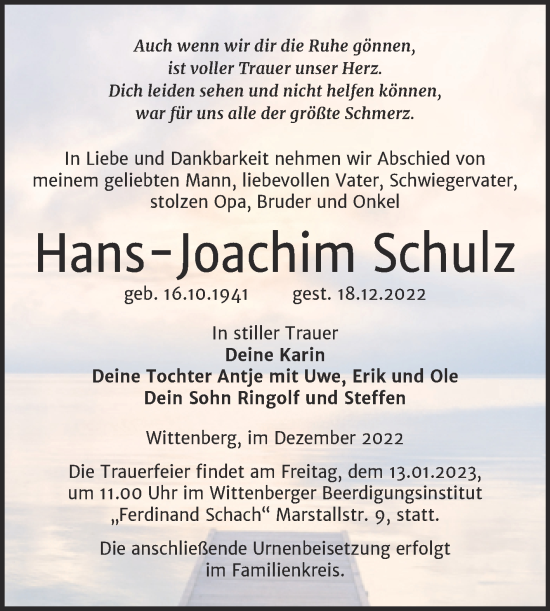 Traueranzeige von Hans-Joachim Schulz von Trauerkombi Wittenberg