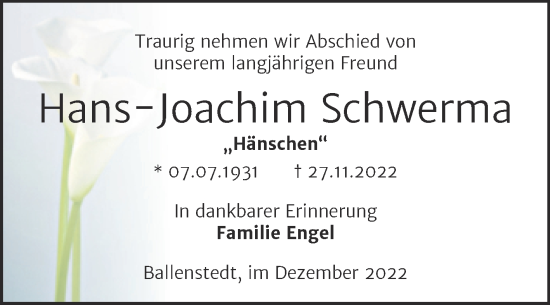 Traueranzeige von Hans-Joachim Schwerma von Trauerkombi Quedlinburg