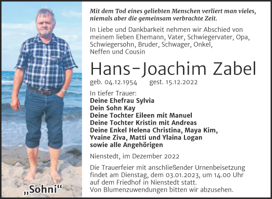 Traueranzeige von Hans-Joachim Zabel von Trauerkombi Sangerhausen