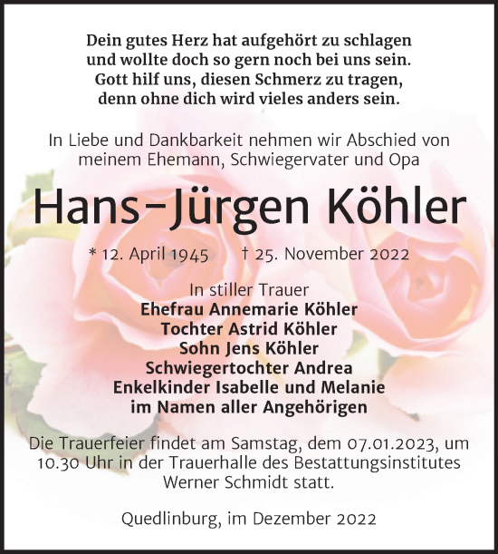 Traueranzeige von Hans-Jürgen Köhler von Trauerkombi Quedlinburg