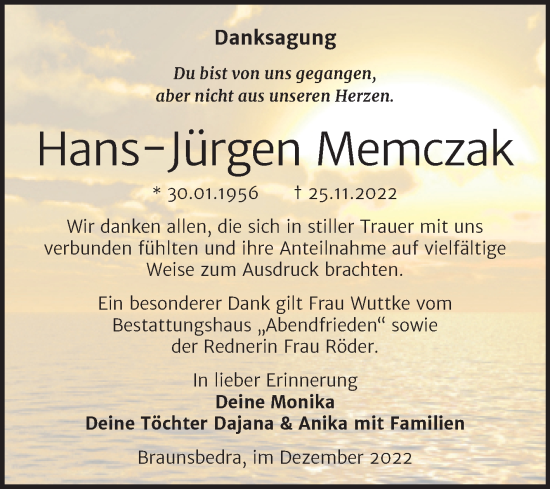 Traueranzeige von Hans-Jürgen Memczak von Trauerkombi Merseburg