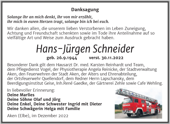 Traueranzeige von Hans-Jürgen Schneider von Trauerkombi Köthen