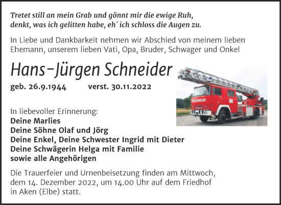 Traueranzeige von Hans-Jürgen Schneider von Trauerkombi Köthen