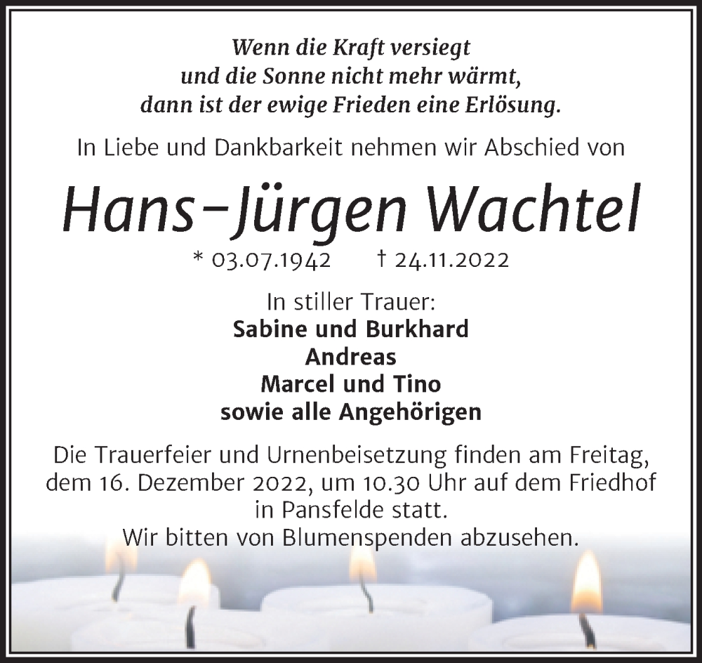  Traueranzeige für Hans-Jürgen Wachtel vom 01.12.2022 aus Trauerkombi Quedlinburg