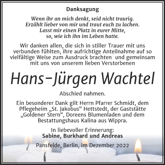 Traueranzeige von Hans-Jürgen Wachtel von Trauerkombi Quedlinburg