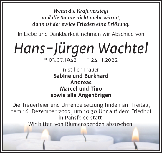 Traueranzeige von Hans-Jürgen Wachtel von Trauerkombi Quedlinburg