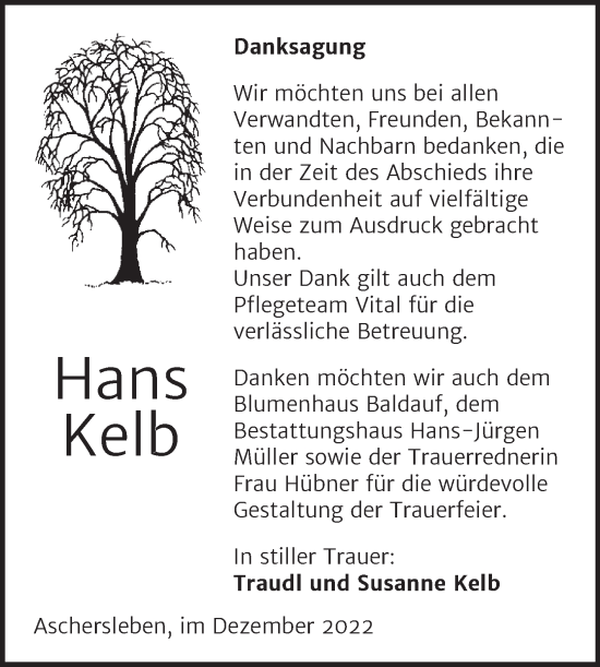 Traueranzeige von Hans Kelb von Trauerkombi Aschersleben