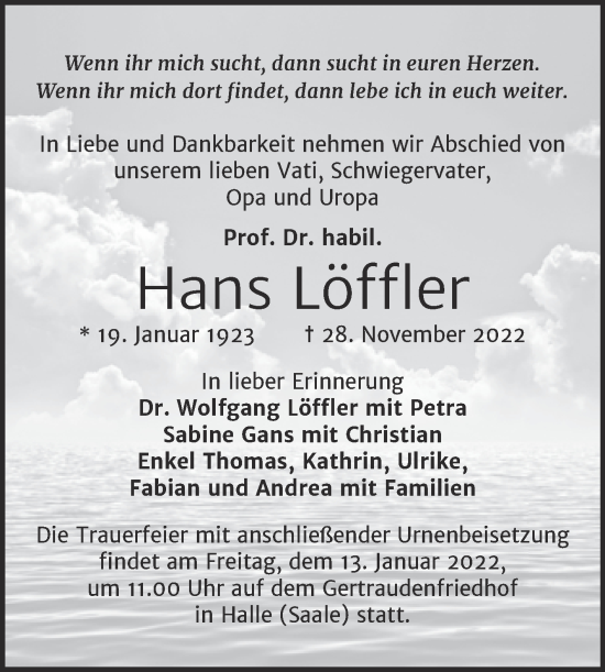 Traueranzeige von Hans Löffler von Mitteldeutsche Zeitung Halle/Saalkreis