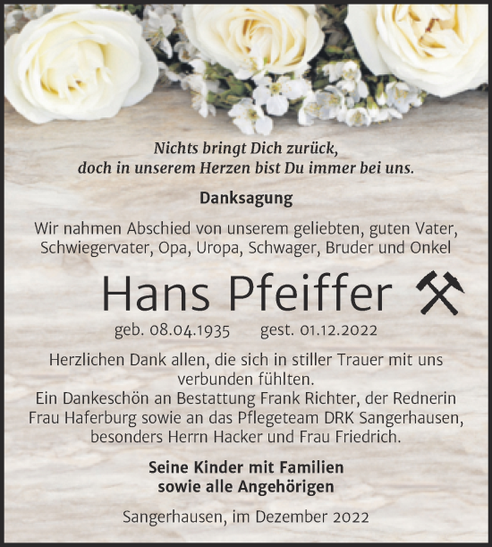 Traueranzeige von Hans Pfeiffer von Trauerkombi Sangerhausen