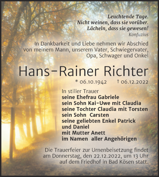 Traueranzeige von Hans-Rainer Richter von Wochenspiegel Naumburg/Nebra