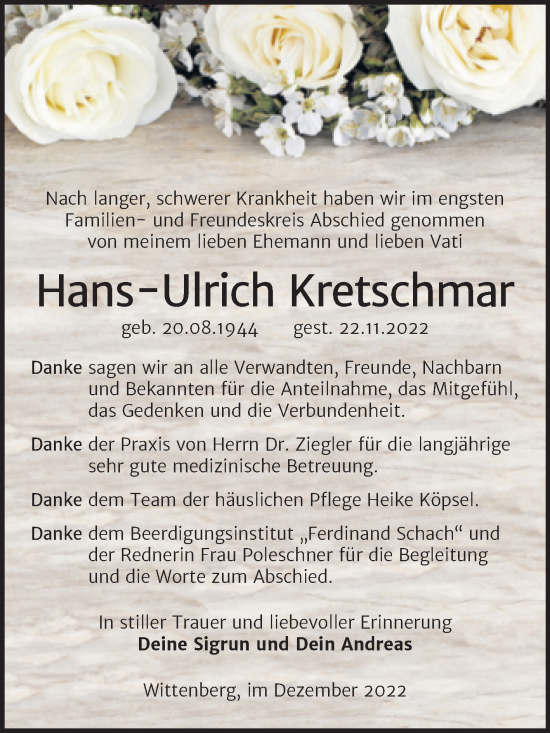 Traueranzeige von Hans-Ulrich Kretschmar von Trauerkombi Wittenberg