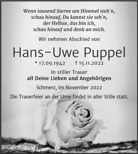 Traueranzeige von Hans-Uwe Puppel von Trauerkombi Bitterfeld