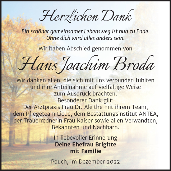 Traueranzeige von Hans Joachim Broda von Trauerkombi Bitterfeld