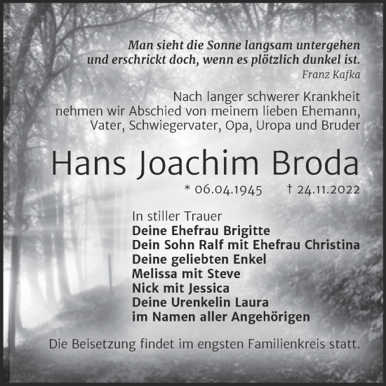 Traueranzeige von Hans Joachim Broda von Trauerkombi Bitterfeld