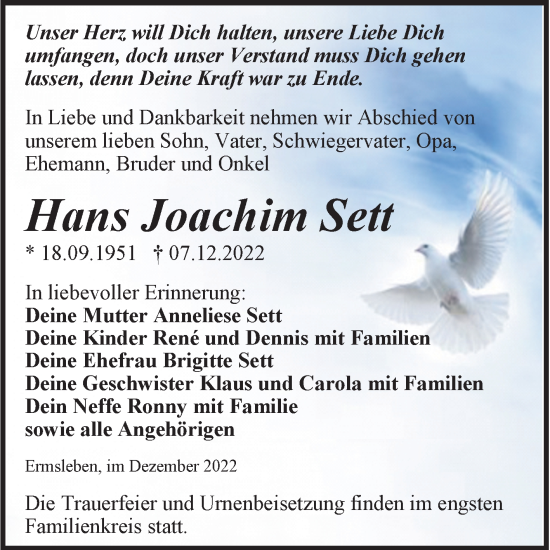 Traueranzeige von Hans Joachim Sett von Trauerkombi Quedlinburg