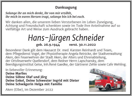 Traueranzeige von Hans Jürgen Schneider von Trauerkombi Köthen