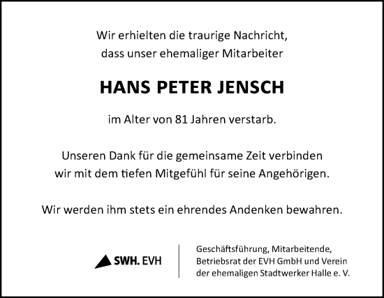 Traueranzeige von Hans Peter Jensch von Mitteldeutsche Zeitung Halle/Saalkreis